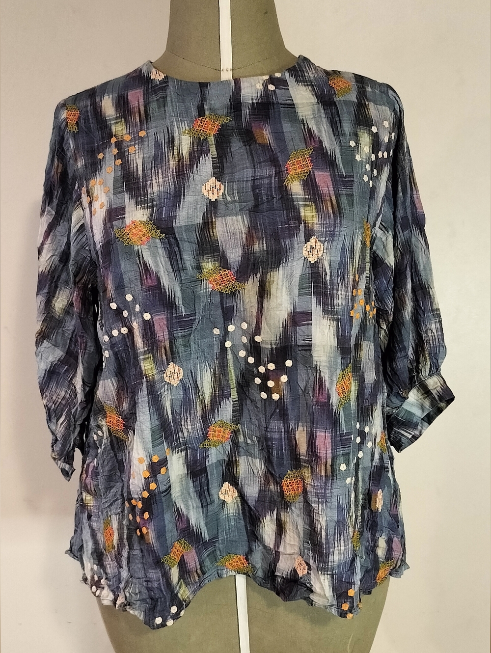 Limelight Navy Abstract Print Short Sleeve Blouse with Multicolor Embroidery